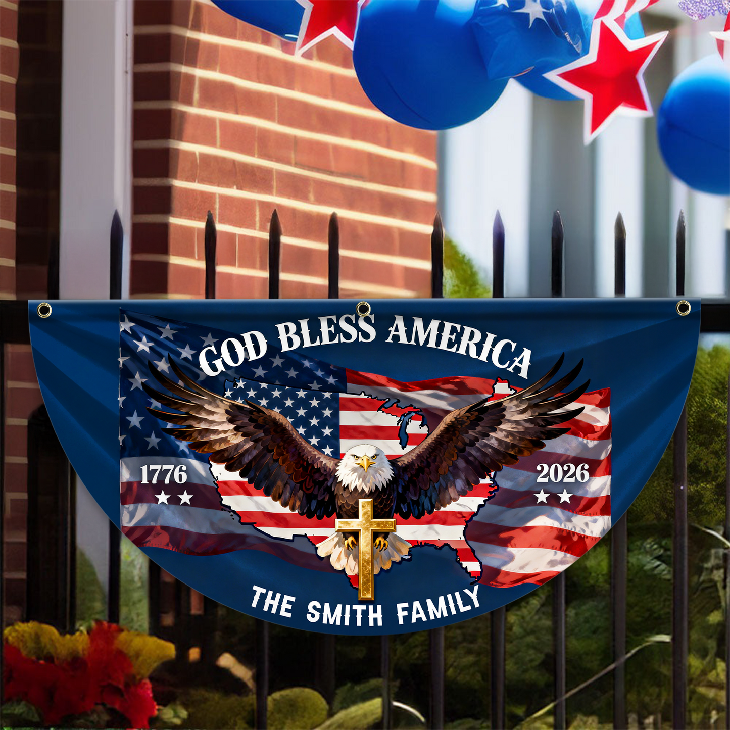 God Bless America Family Name 250th Birthday - America Freedom With Eagle - Non-Pleated Fan Flag