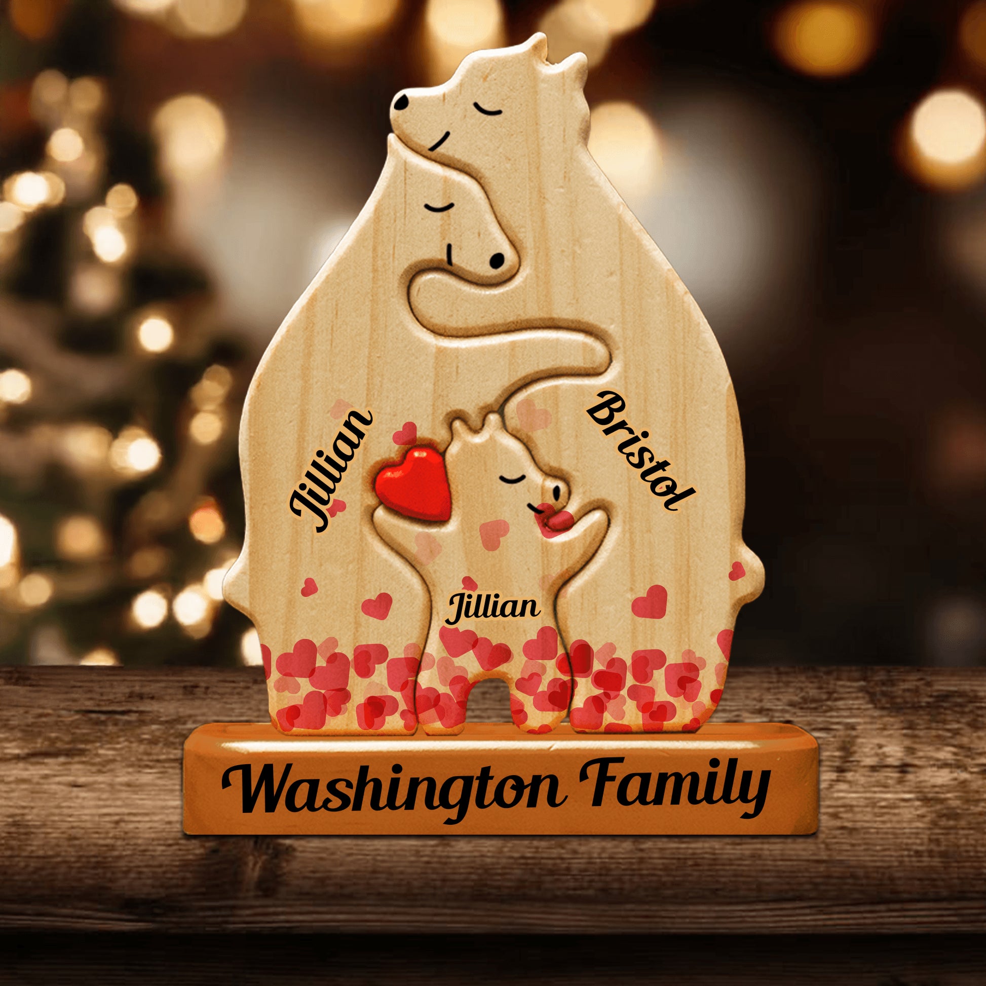 Heart Personalized Wooden Bears Family - Custom Name Puzzle