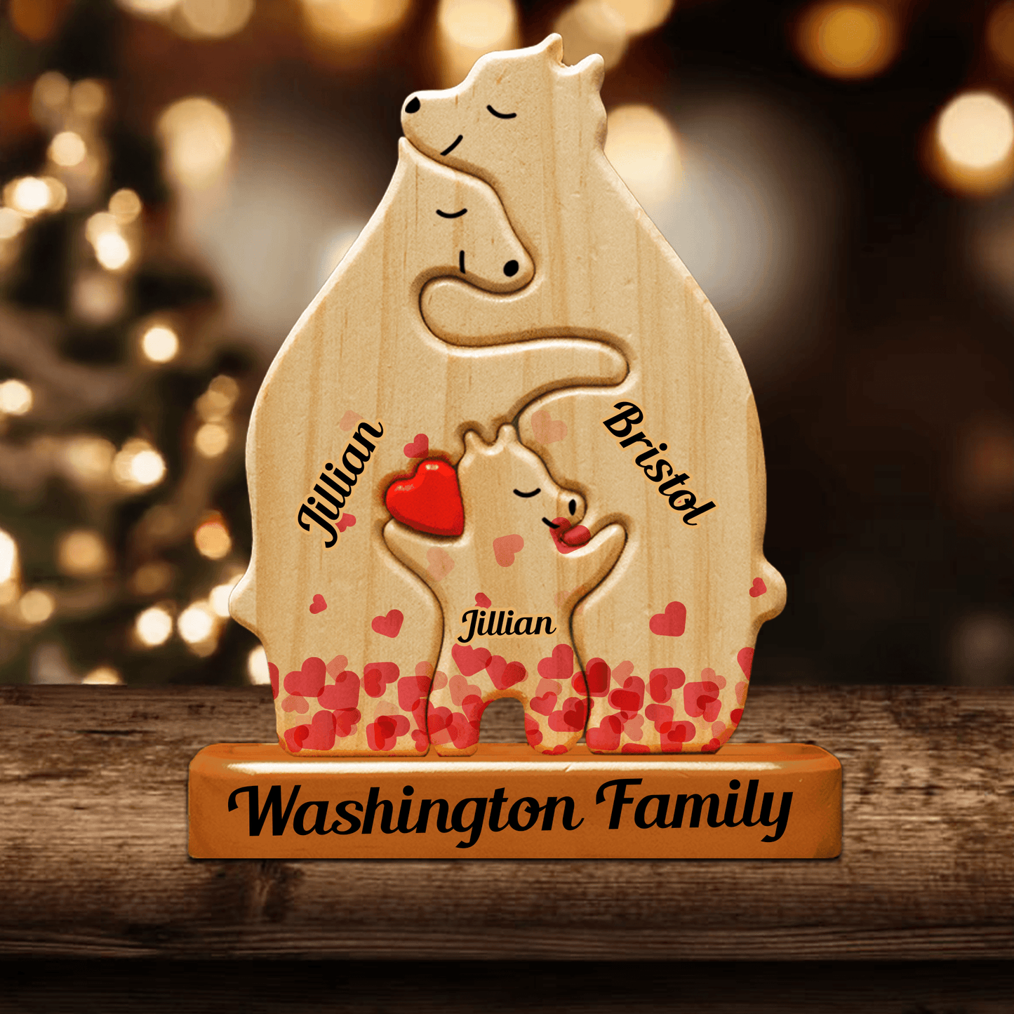 Heart Personalized Wooden Bears Family - Custom Name Puzzle