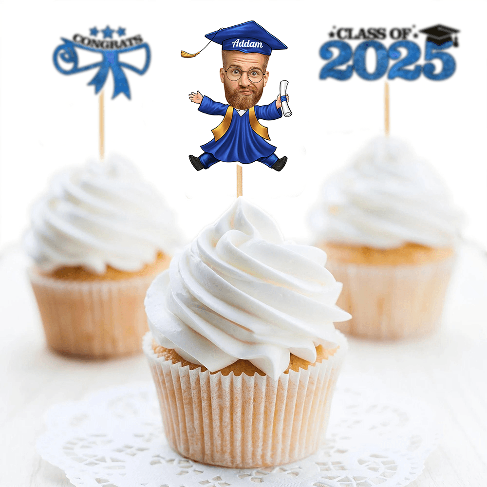 Custom Face Class of 2025 Cupcake Toppers, Graduation Decorations - Cake Topper Only Paper