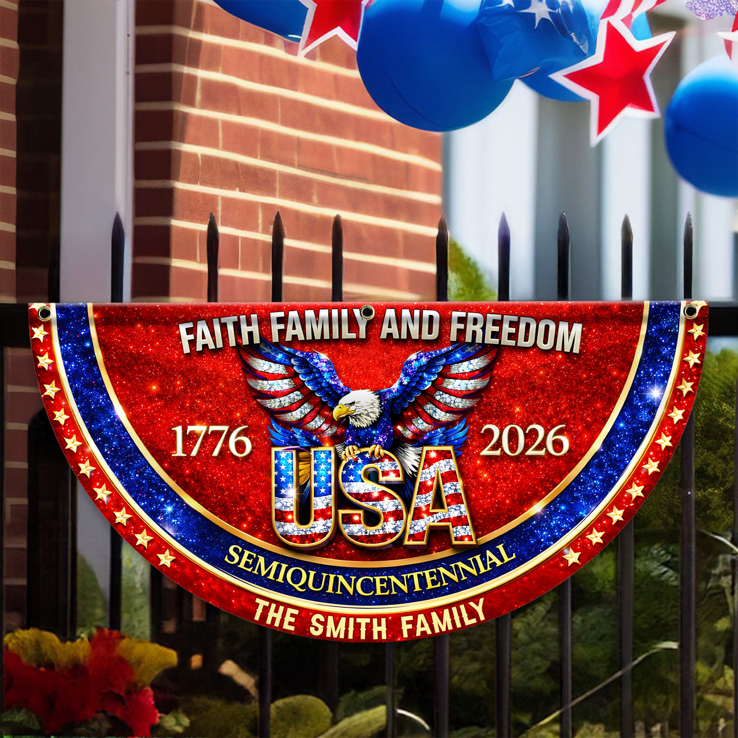 Faith Family Name 250th Birthday - America Freedom With Eagle - Non-Pleated Fan Flag