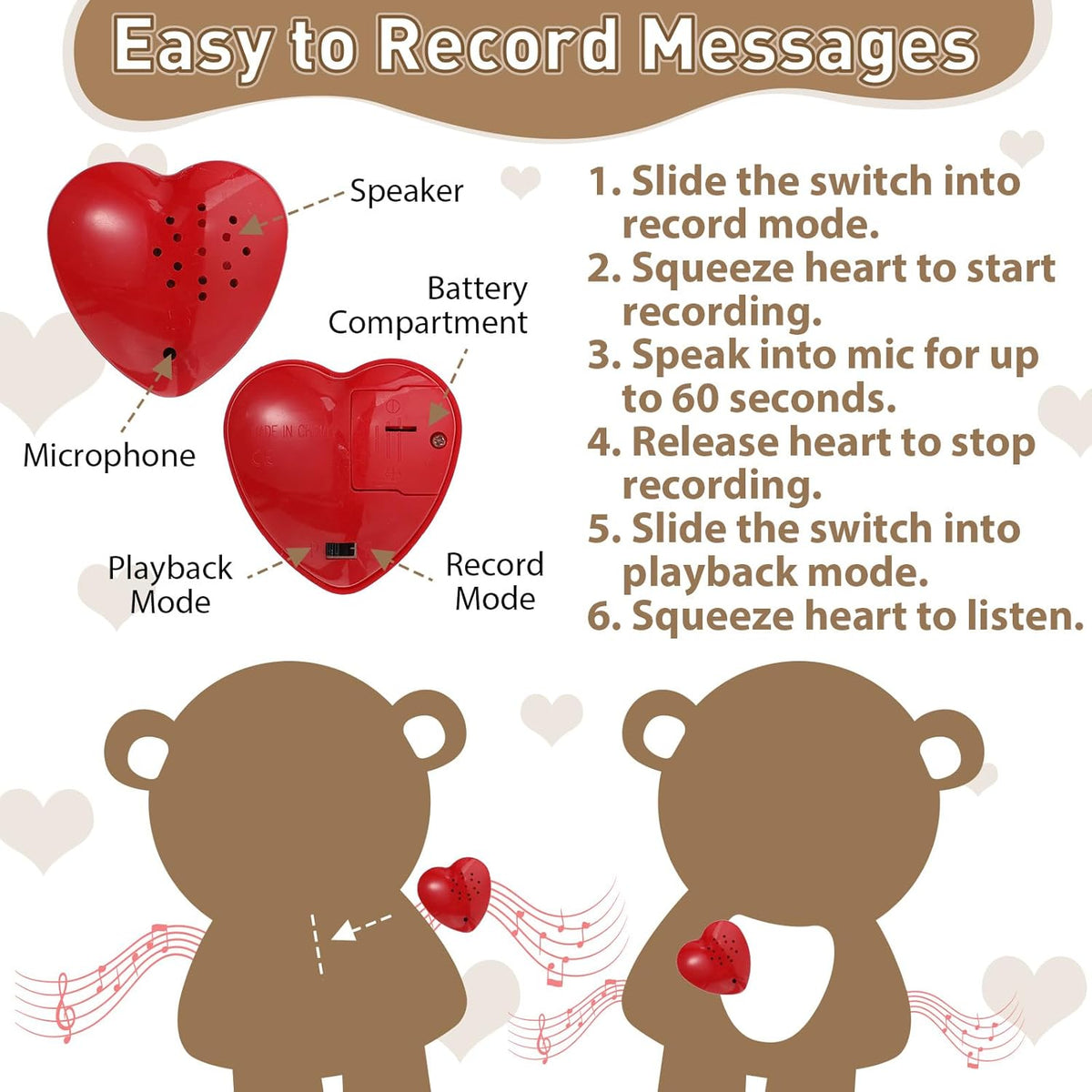 2" Heart Shaped Voice Sound Recorder 10 Seconds (Battery not Included, Not built-in)