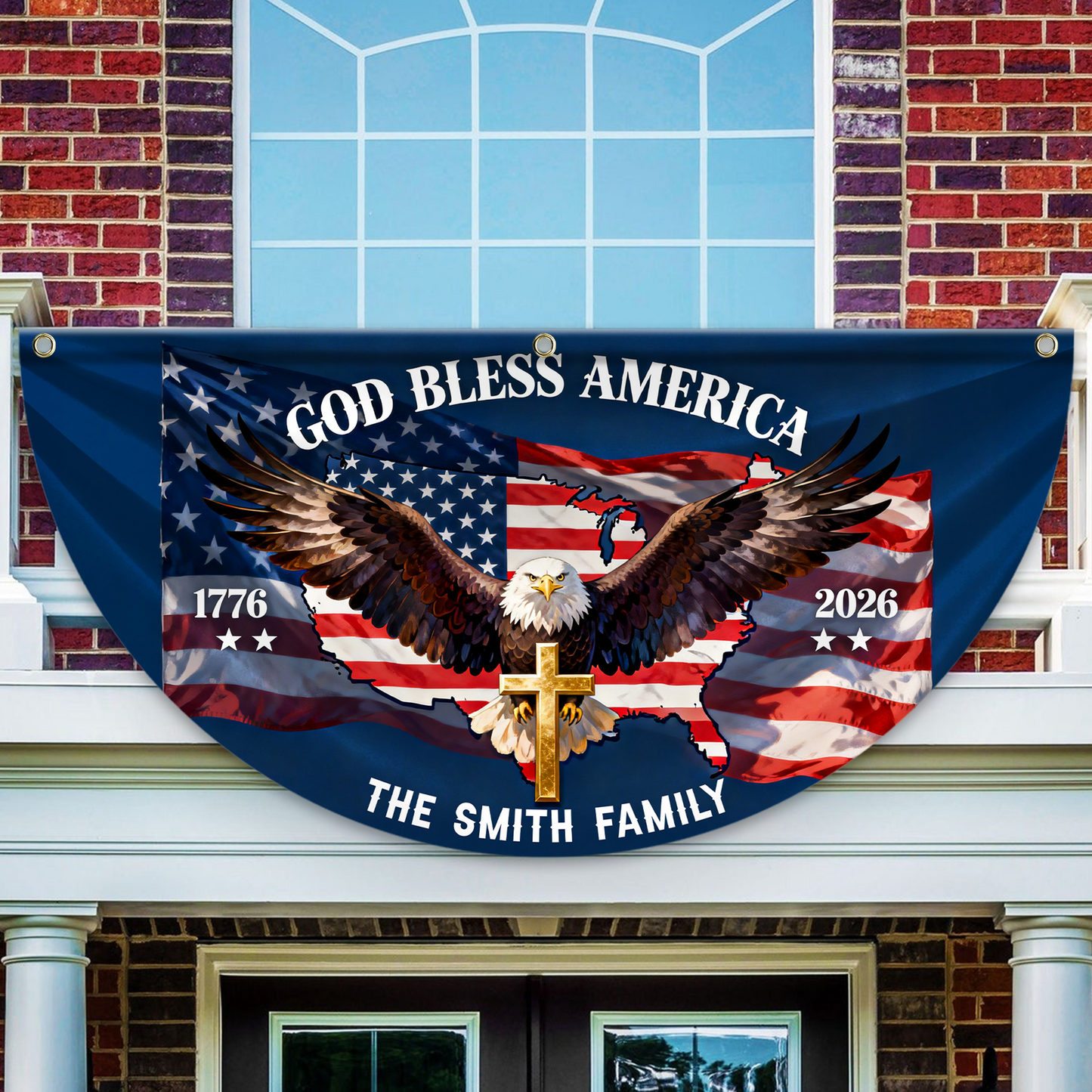 God Bless America Family Name 250th Birthday - America Freedom With Eagle - Non-Pleated Fan Flag