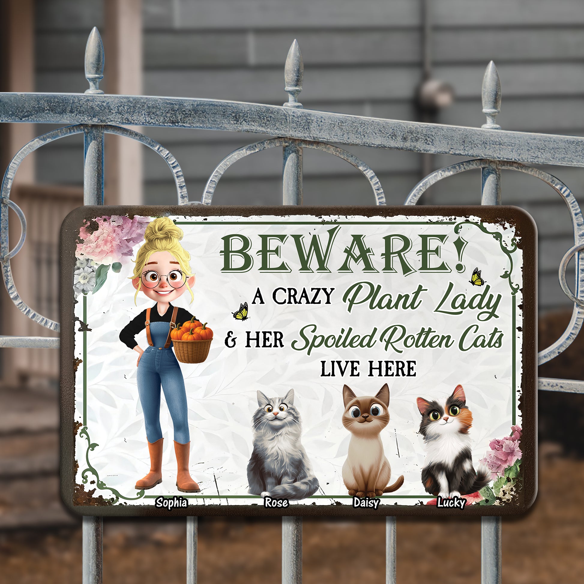 Crazy Plant Lady And Her Cats Are Here - Personalized Custom Metal Sign