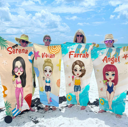 Personalized Cartoon Girl Beach Towel - Best Friends Gift