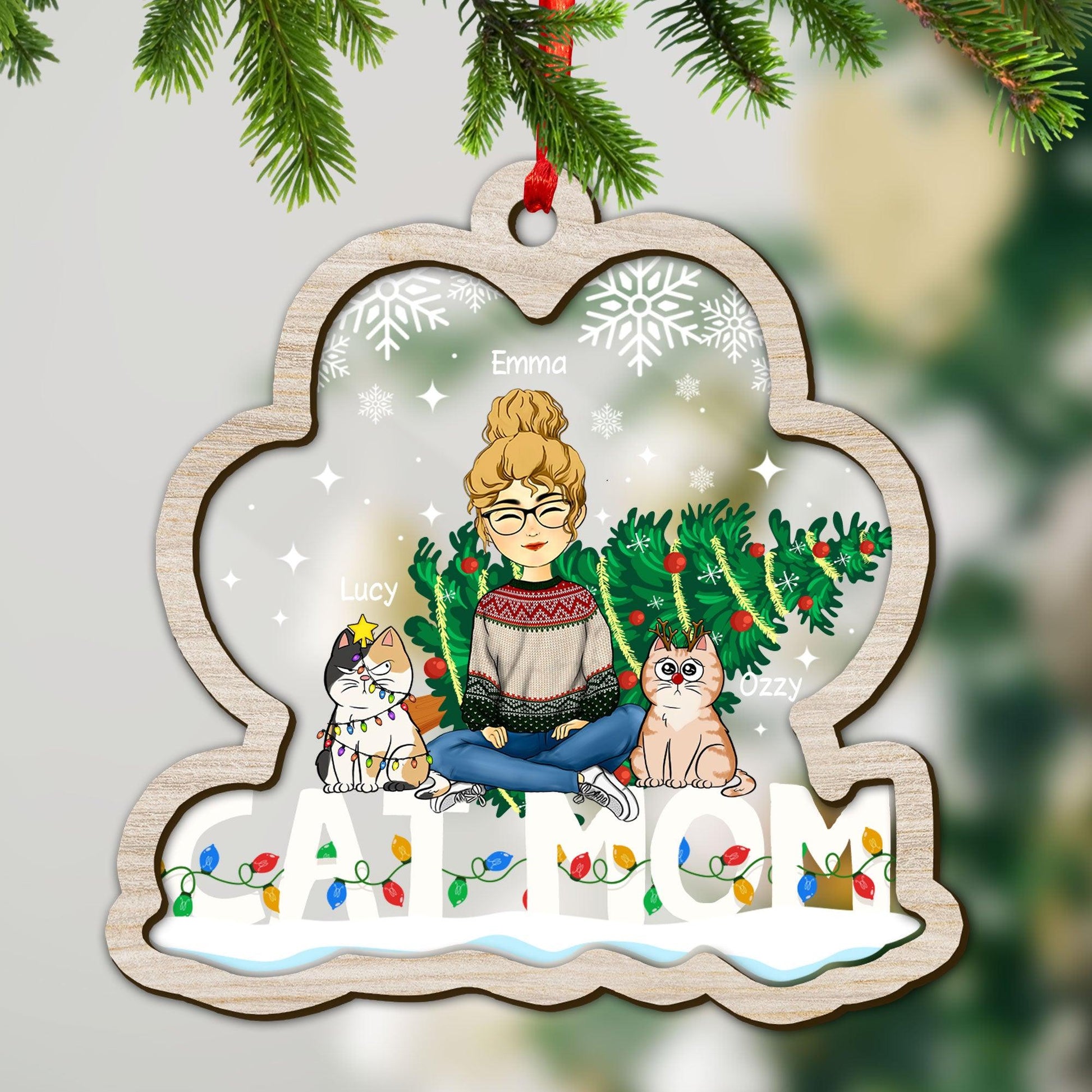 Cat Mom Christmas Ornament - Custom Shape Wood and Acrylic Ornament