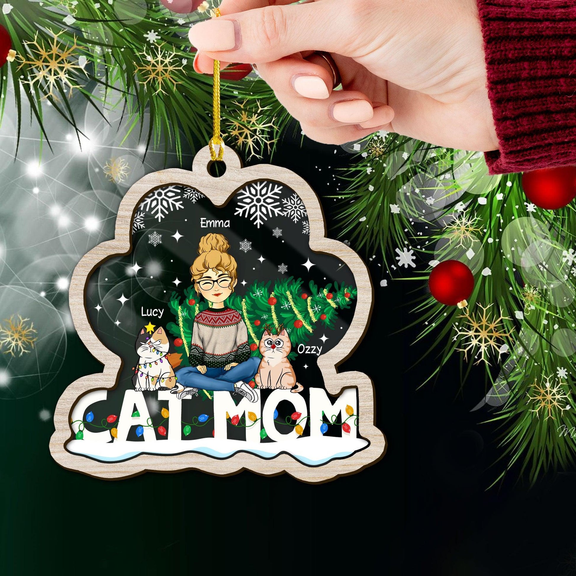 Cat Mom Christmas Ornament - Custom Shape Wood and Acrylic Ornament