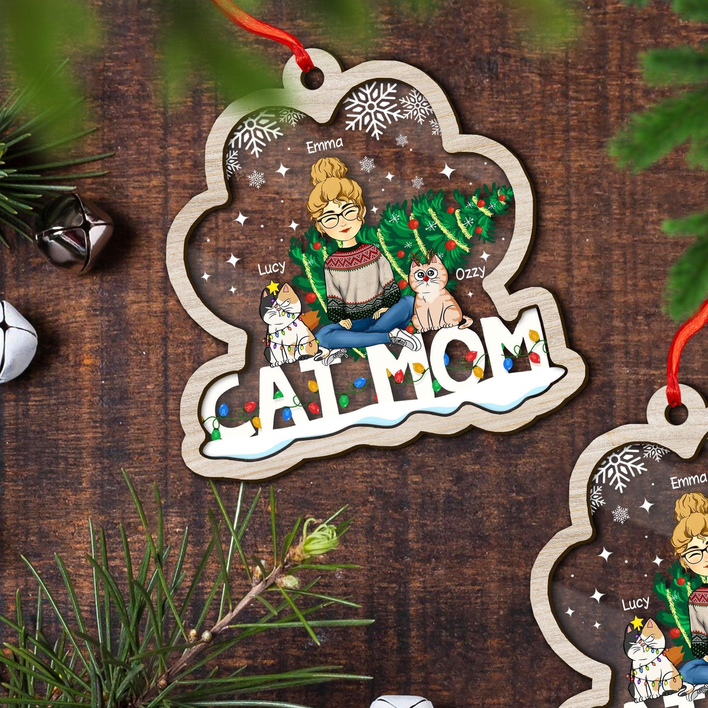 Cat Mom Christmas Ornament - Custom Shape Wood and Acrylic Ornament
