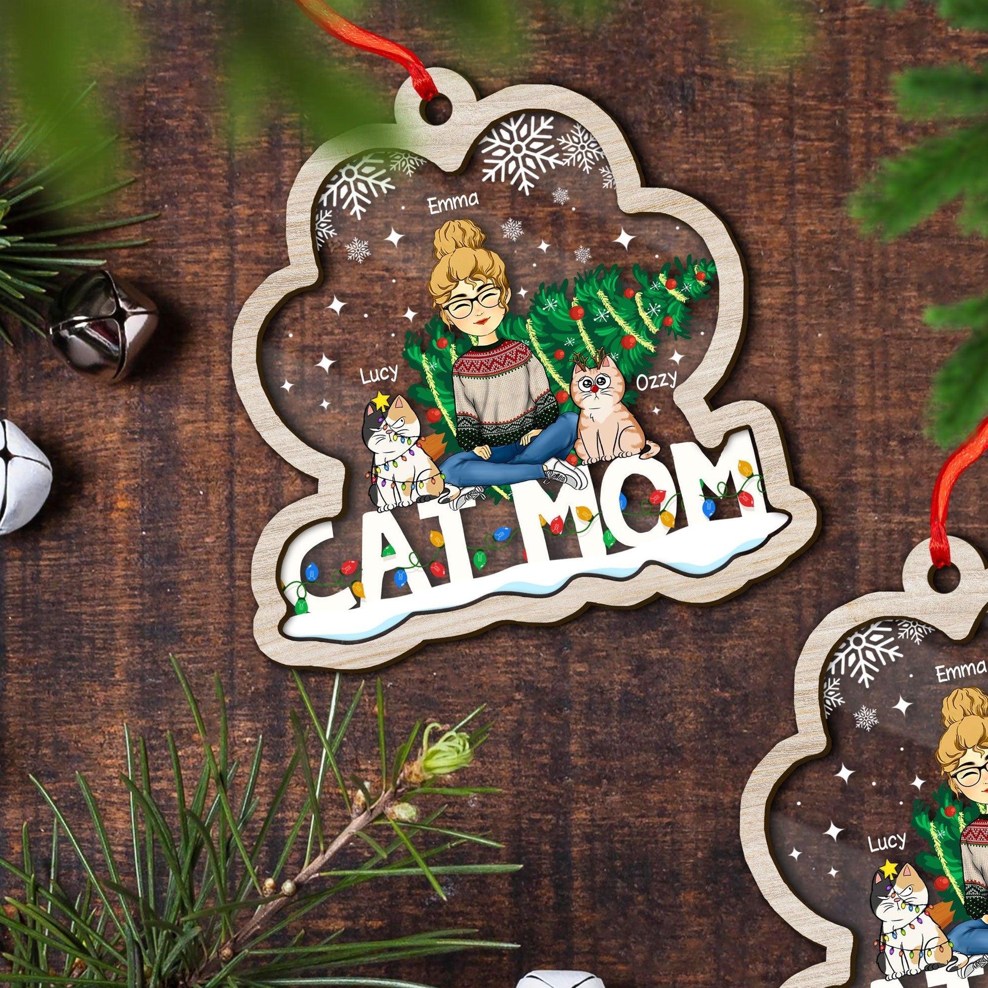 Cat Mom Christmas Ornament - Custom Shape Wood and Acrylic Ornament