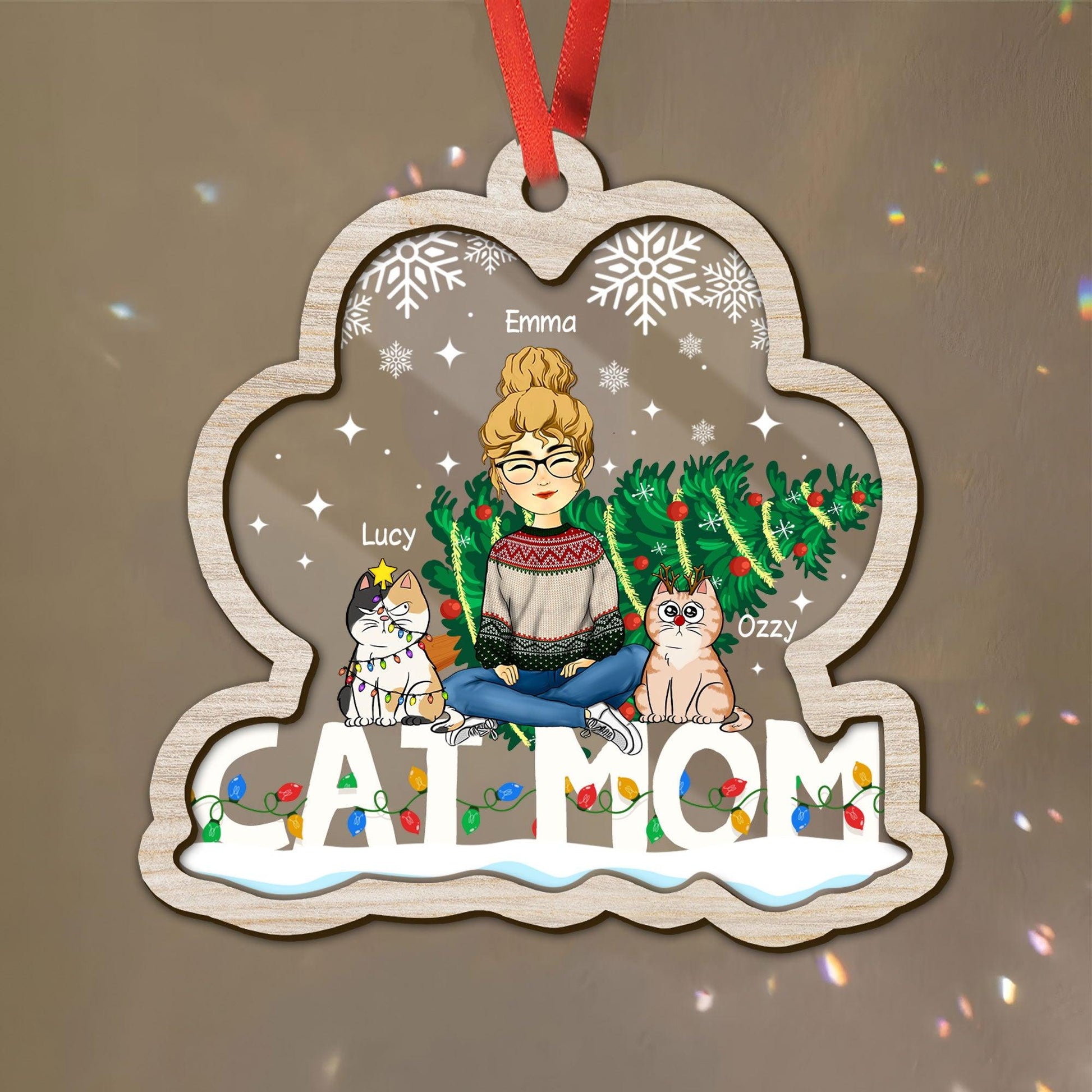 Cat Mom Christmas Ornament - Custom Shape Wood and Acrylic Ornament