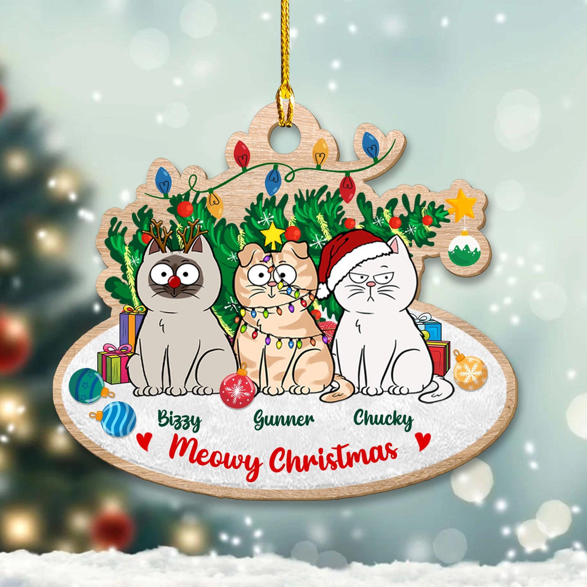 Cats With Tree Ornament - Custom Shape Wood Ornament Christmas