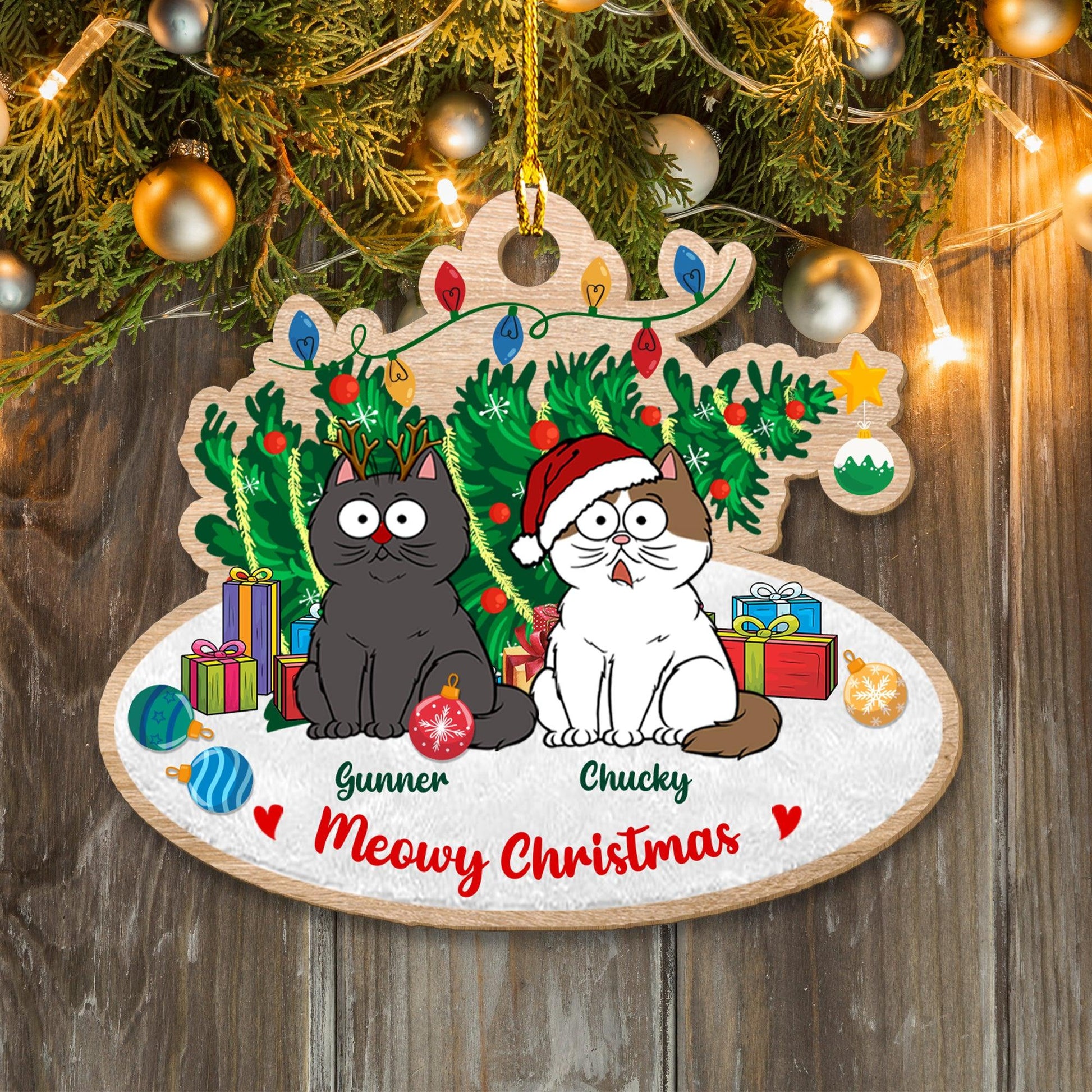 Cats With Tree Ornament - Custom Shape Wood Ornament Christmas