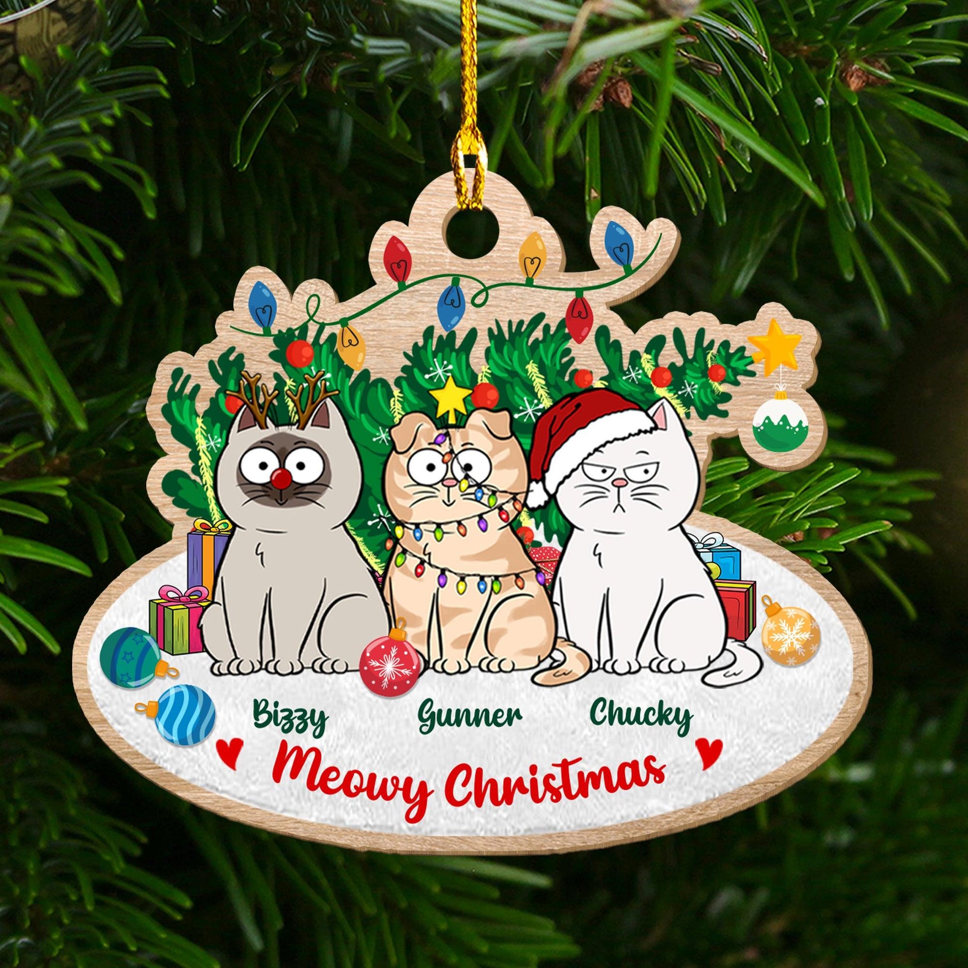 Cats With Tree Ornament - Custom Shape Wood Ornament Christmas