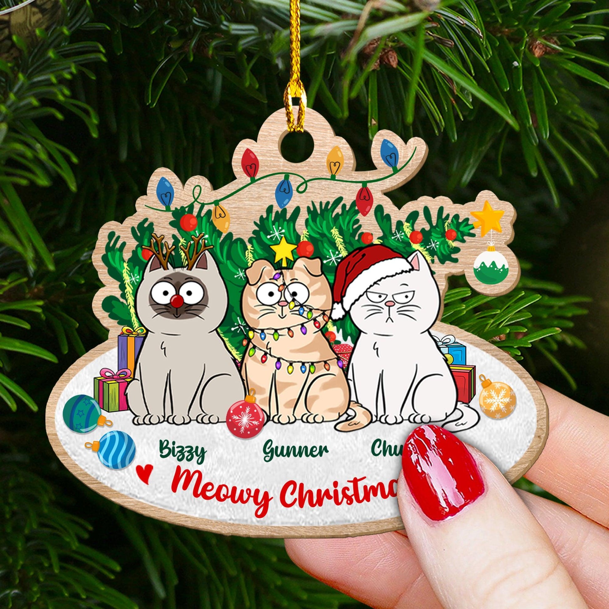 Cats With Tree Ornament - Custom Shape Wood Ornament Christmas