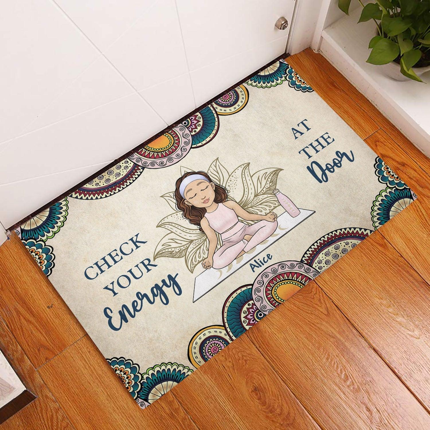 Personalized Yoga Mat - Check Energy At Door - Gift For Yoga Lover