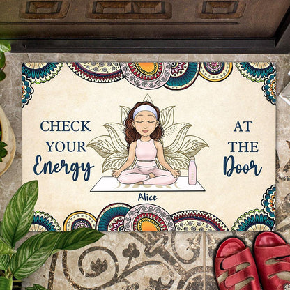Personalized Yoga Mat - Check Energy At Door - Gift For Yoga Lover