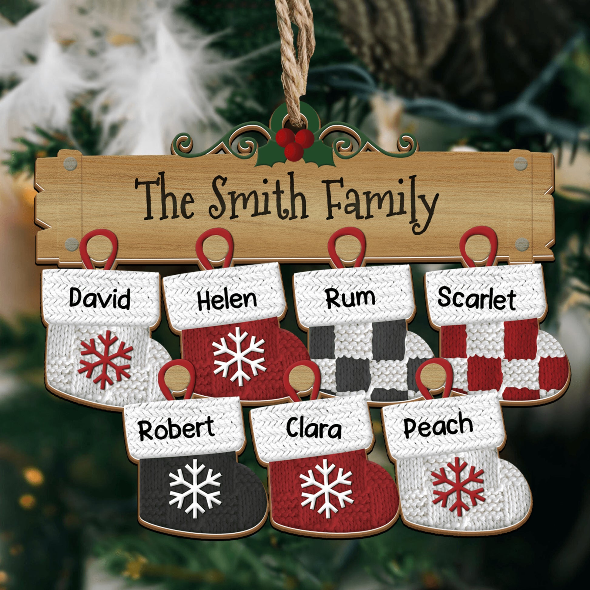 Family Christmas Stocks Ornament - Custom Shape Wood Ornament