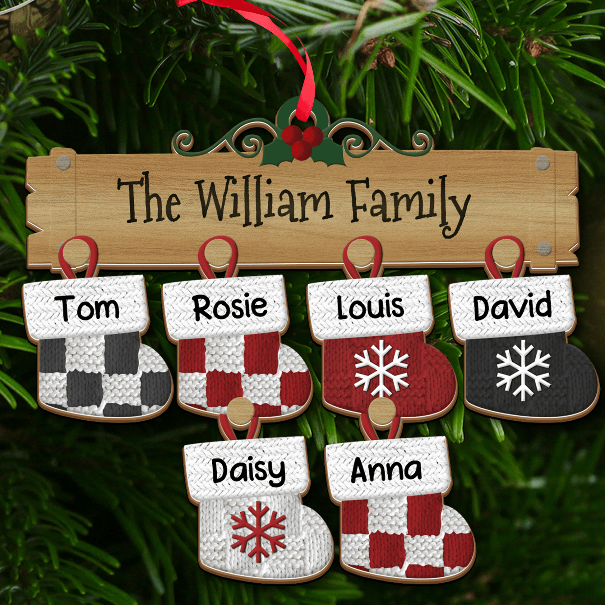 Family Christmas Stocks Ornament - Custom Shape Wood Ornament