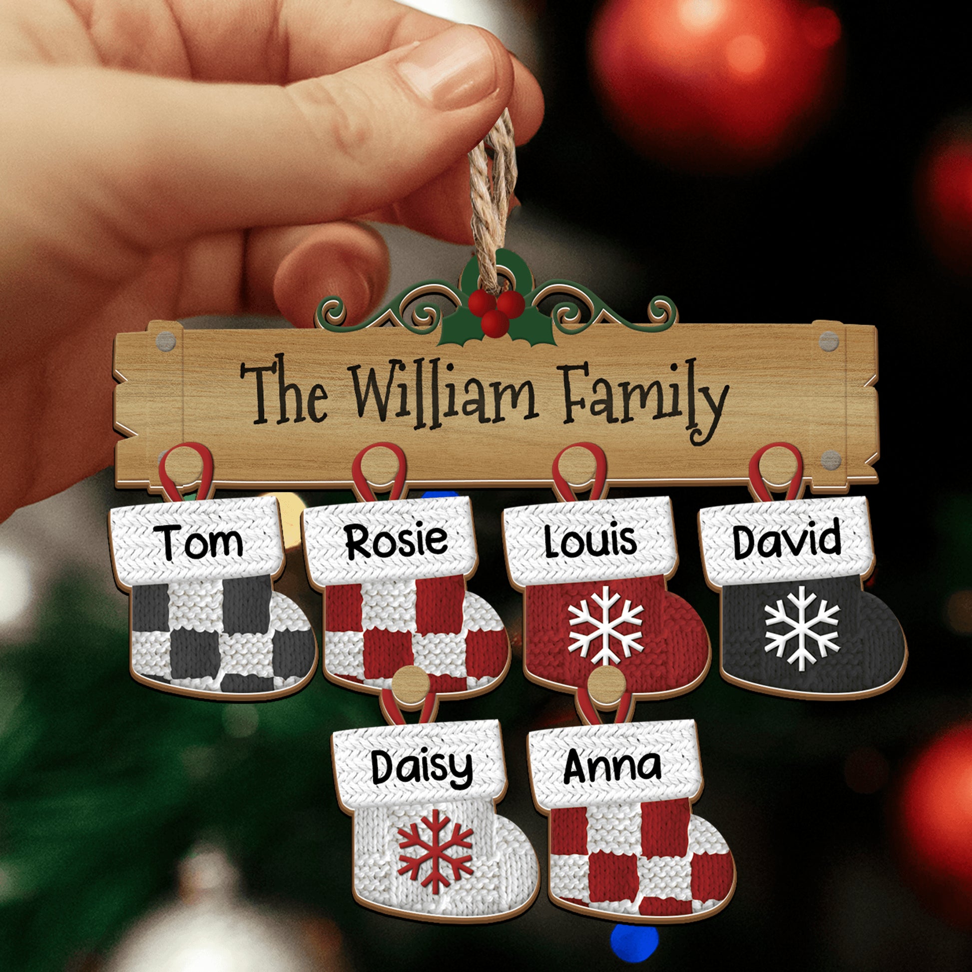 Family Christmas Stocks Ornament - Custom Shape Wood Ornament