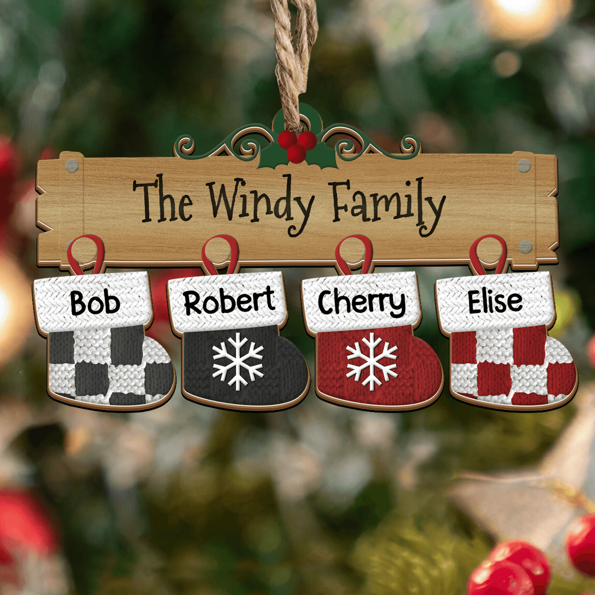 Family Christmas Stocks Ornament - Custom Shape Wood Ornament