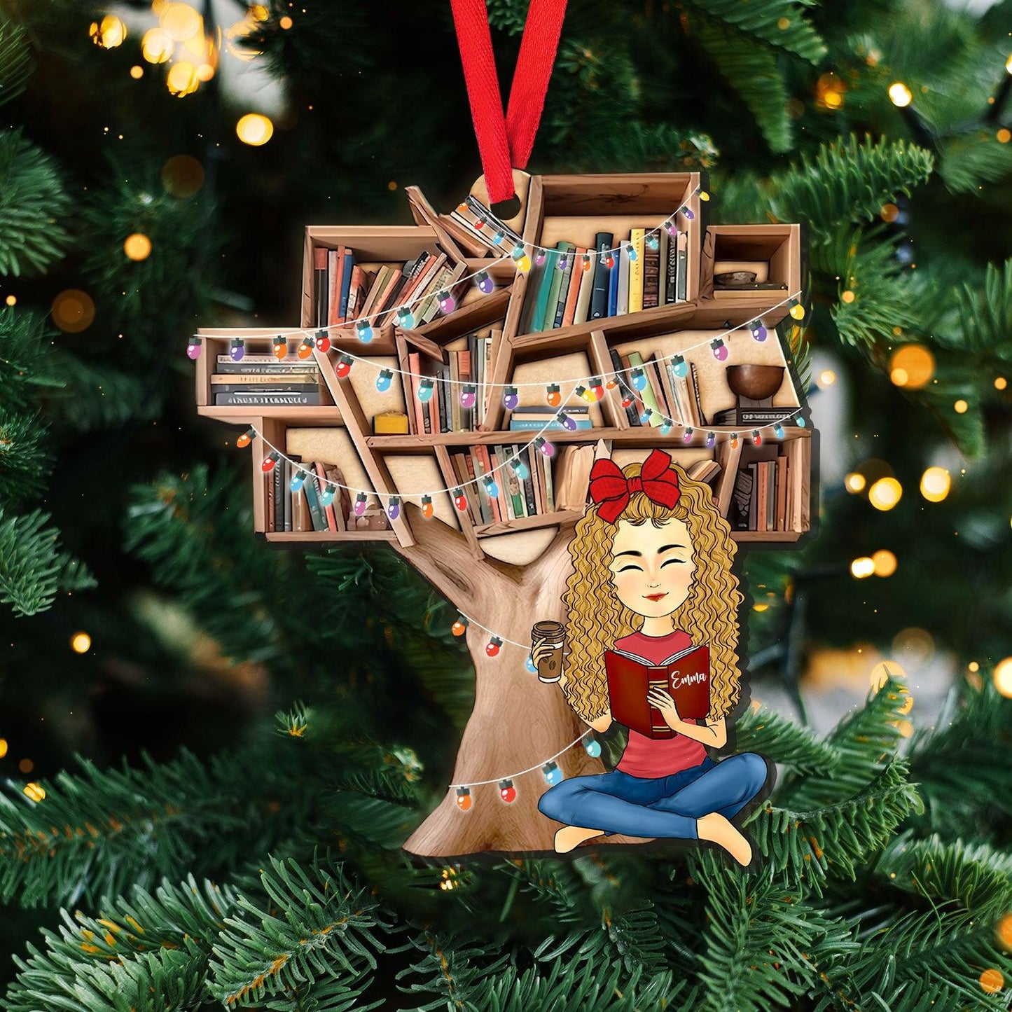 Girls Love Book Tree A Wonderful Season Christmas Ornament For Book Lovers - Custom Shape Wood Ornament - 1 Layered Wood Ornament