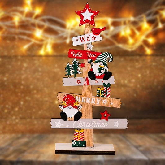 Gnome & Snowman Mini Tree - Wooden Tabletop Decoration