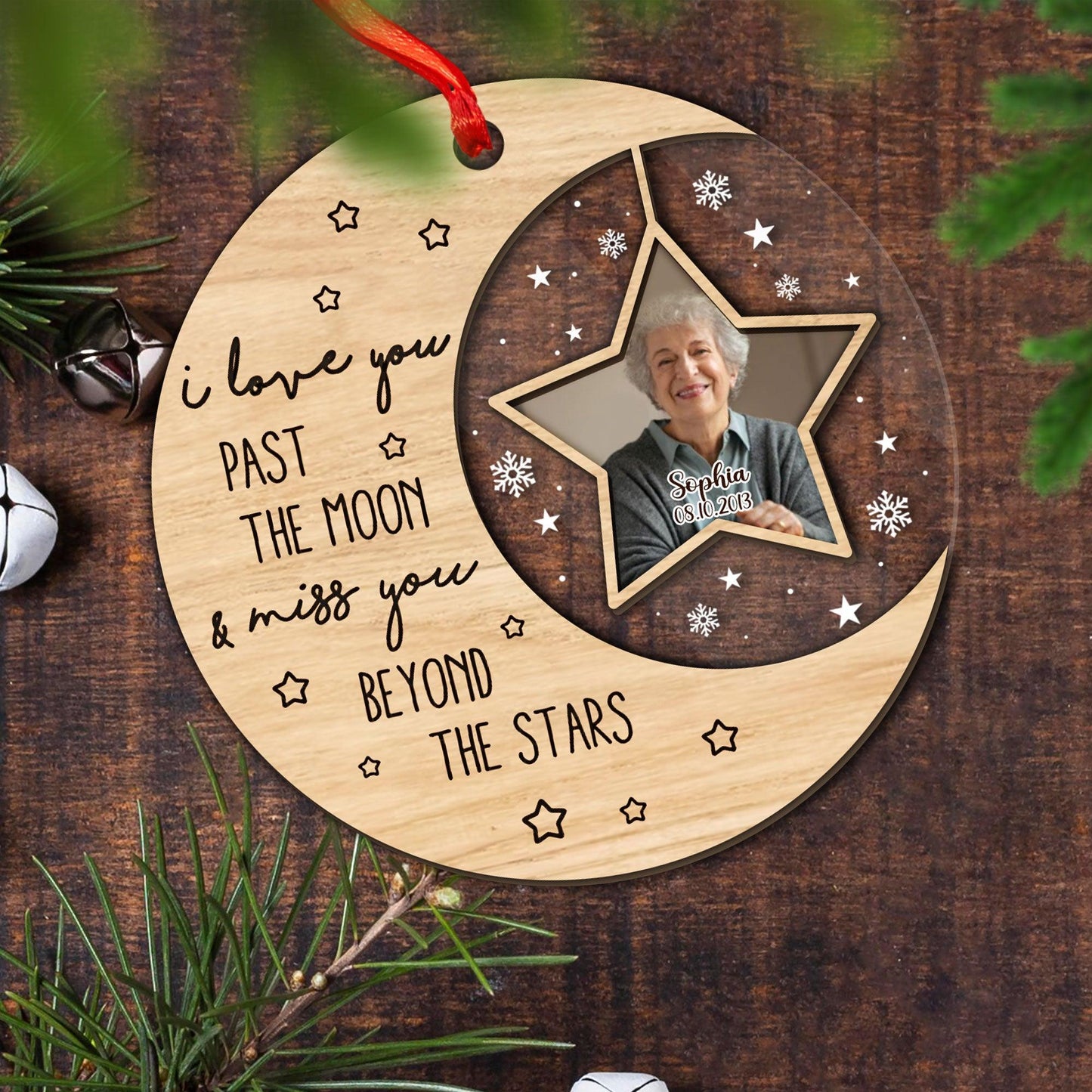 Love You Past The Moon And Beyond The Stars Erinnerungsgeschenk - Individuell geformtes Ornament aus Holz und Acryl 