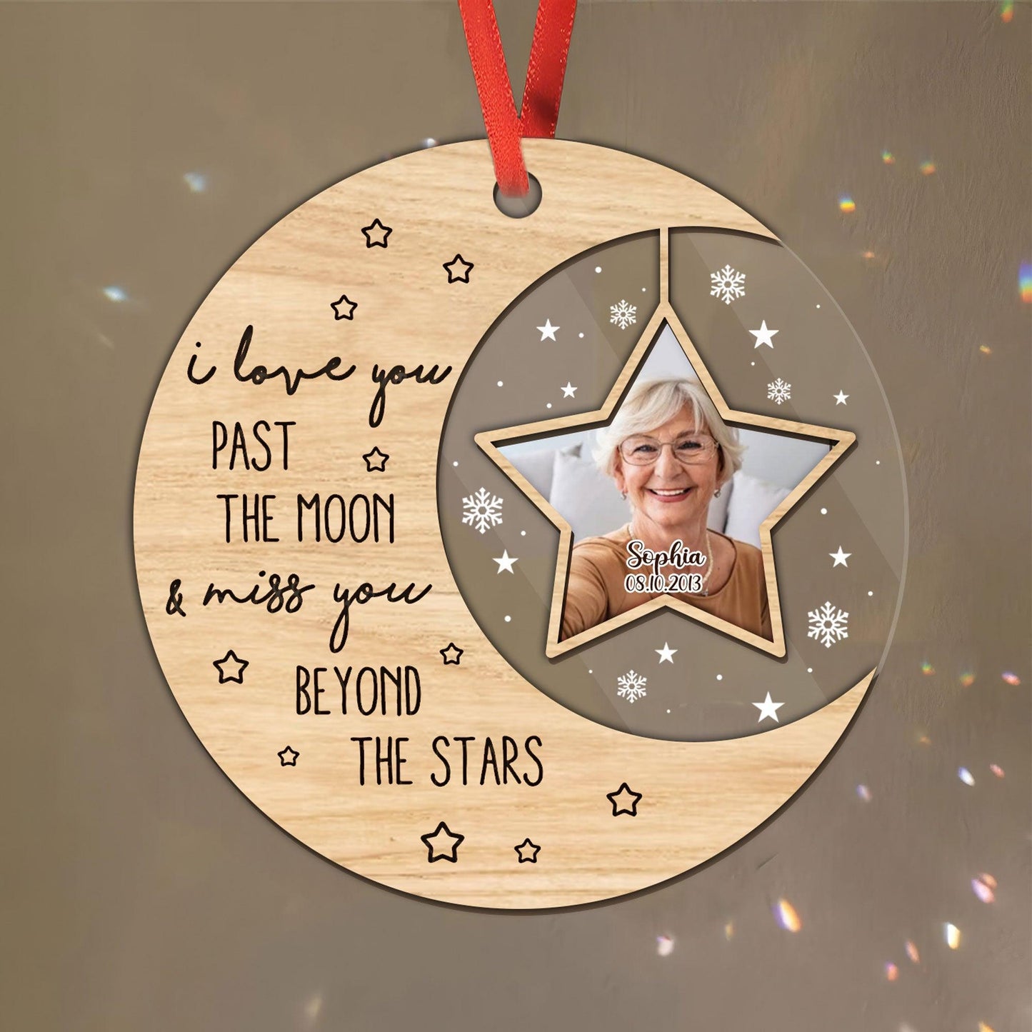Love You Past The Moon And Beyond The Stars Erinnerungsgeschenk - Individuell geformtes Ornament aus Holz und Acryl 