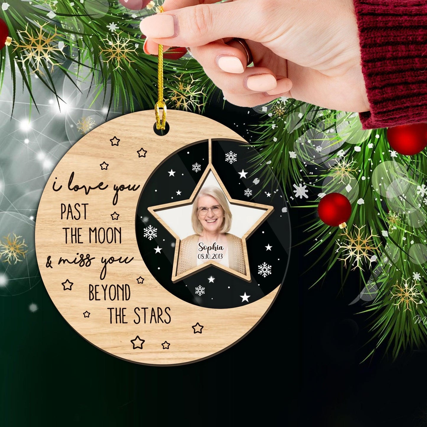 Love You Past The Moon And Beyond The Stars Erinnerungsgeschenk - Individuell geformtes Ornament aus Holz und Acryl 