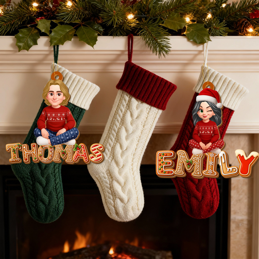 Family Name Christmas Ornament - Wooden Ornament With Christmas Stocking