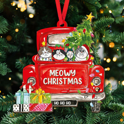 Cats In Red Truck Ornament - Custom Shape Wood Ornament Gift