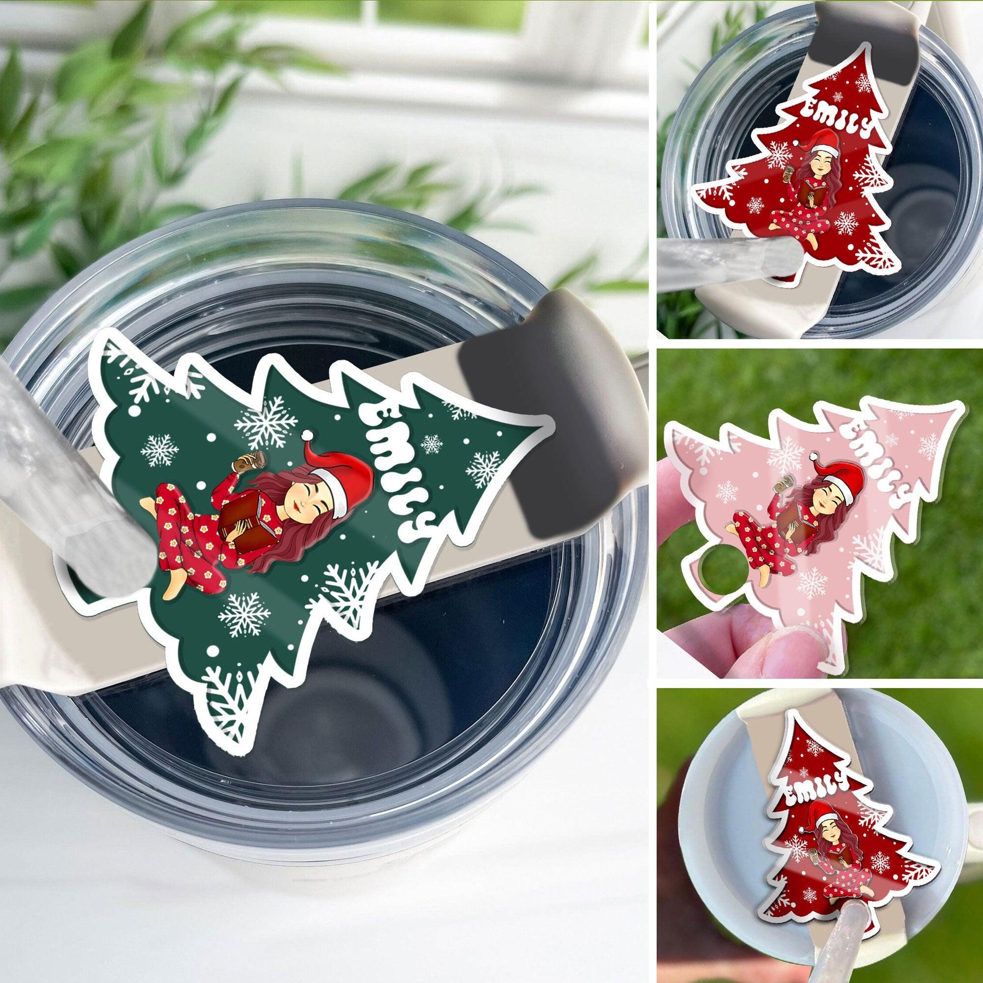 Christmas Tumbler Topper - Reading Girl Beside Christmas Tree