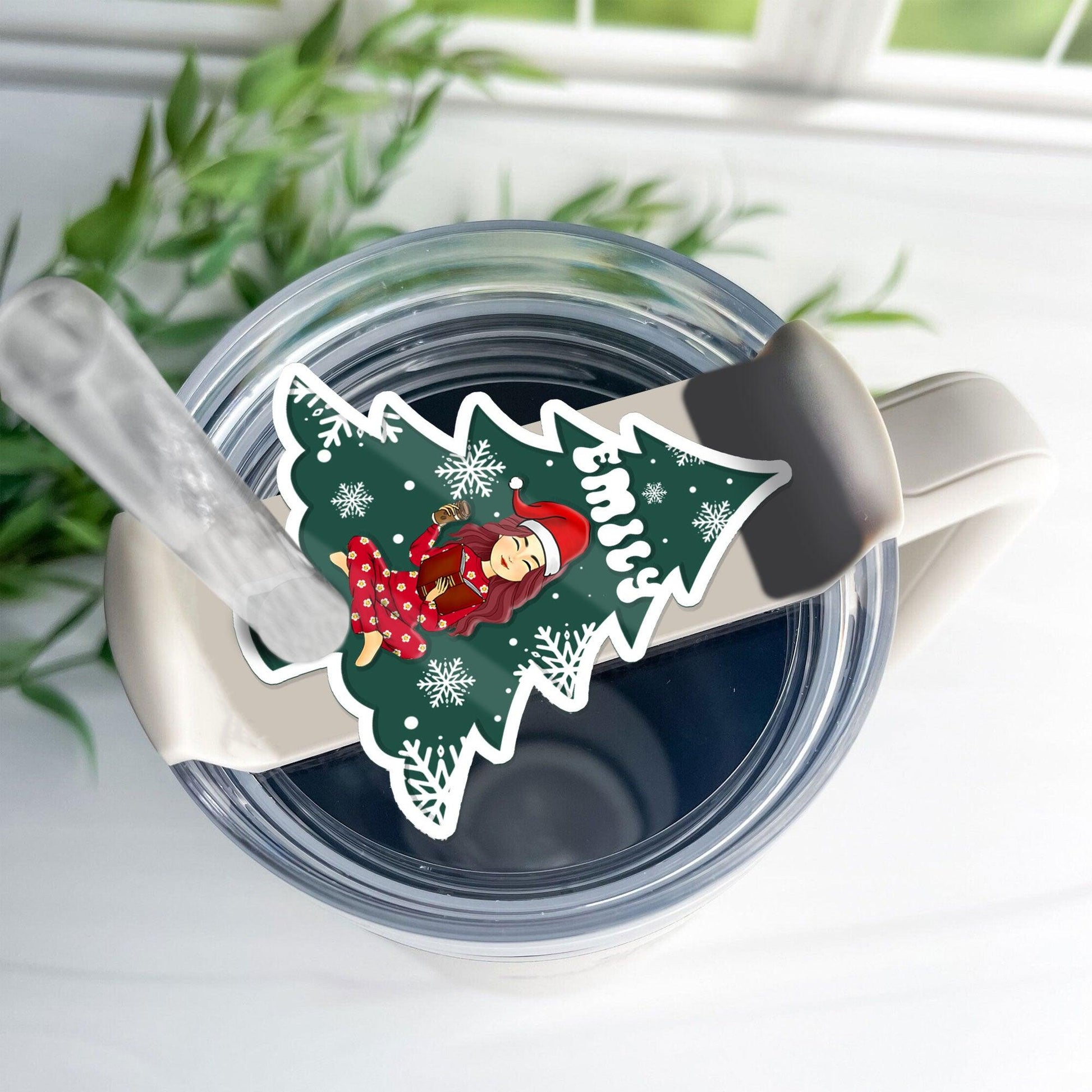 Christmas Tumbler Topper - Reading Girl Beside Christmas Tree
