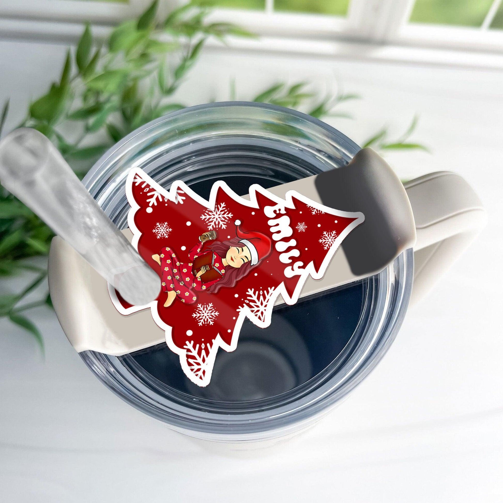 Christmas Tumbler Topper - Reading Girl Beside Christmas Tree