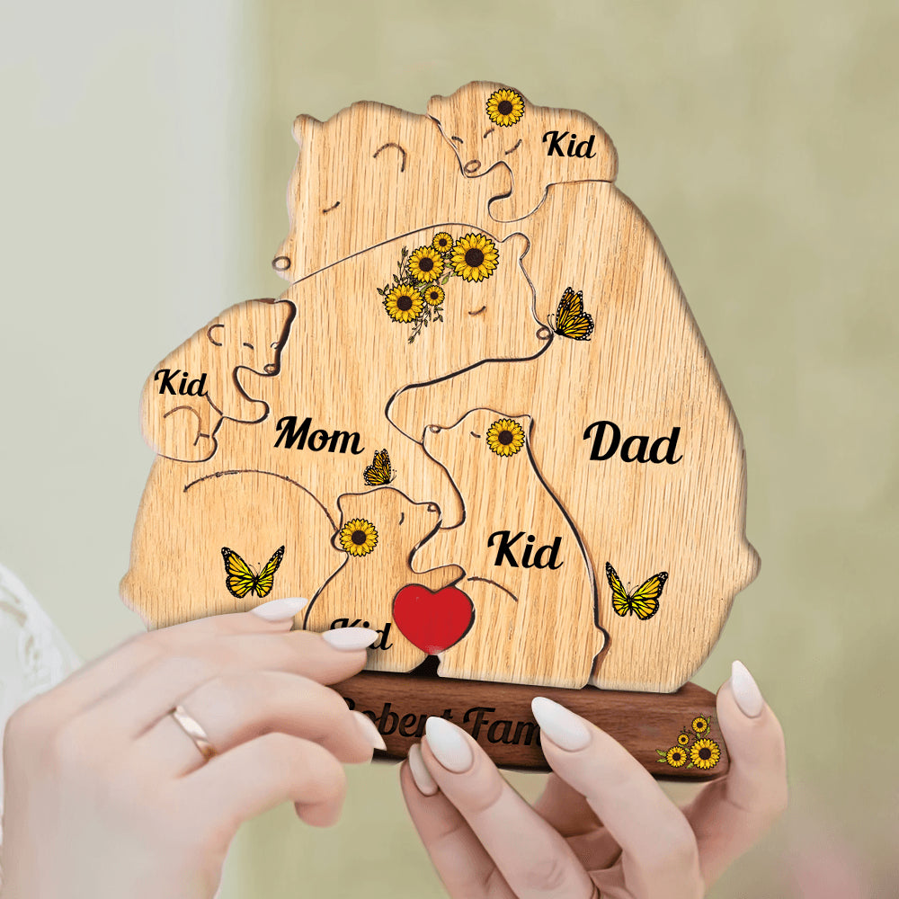 Sunflower Bear Family Puzzle - Wooden Bears Family - Pet Carvings Gift