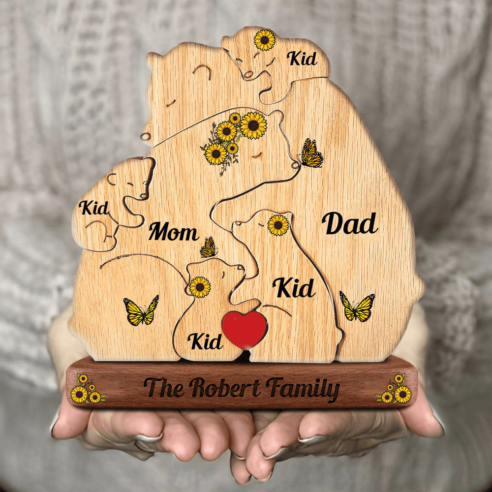 Sunflower Bear Family Puzzle - Wooden Bears Family - Pet Carvings Gift