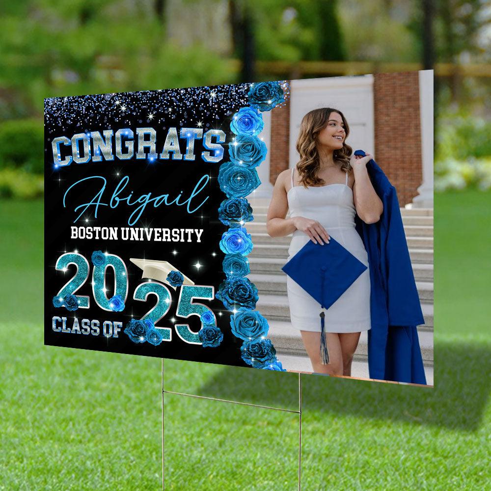2025 Grad Lawn Sign - Rose Background Personalized Graduation