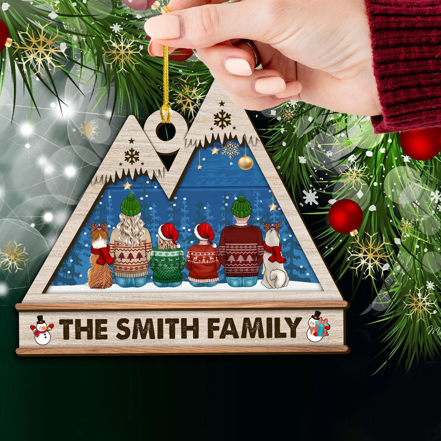 Weihnachtsschmuck „Die ganze Familie zusammen im Urlaub“ – individuelle Form aus Holz und Acryl 