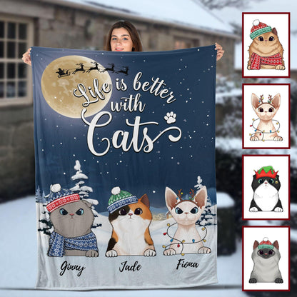 Life is better with cats Christmas Blanket - Personalized Blanket