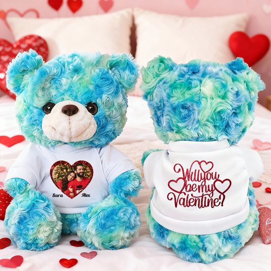 Will You Be My Valentine - Teddy Bear With Personalized Photo Shirt
