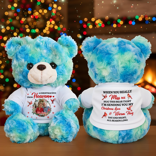 A Christmas Hug From Heaven Custom Photos - Memorial Teddy Bear With Personalized Photo Shirt