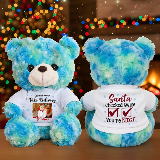 Checked Twice Nice Merry Christmas - Teddy Bear With Personalized Photo Shirt