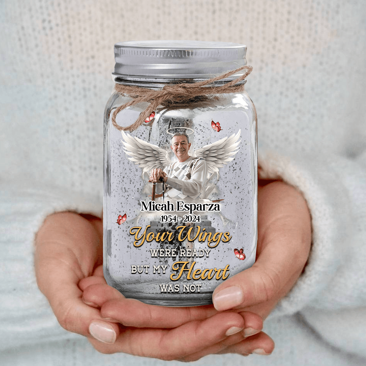 Personalized Memorial Jar Light - Your Wings Were Ready But Not