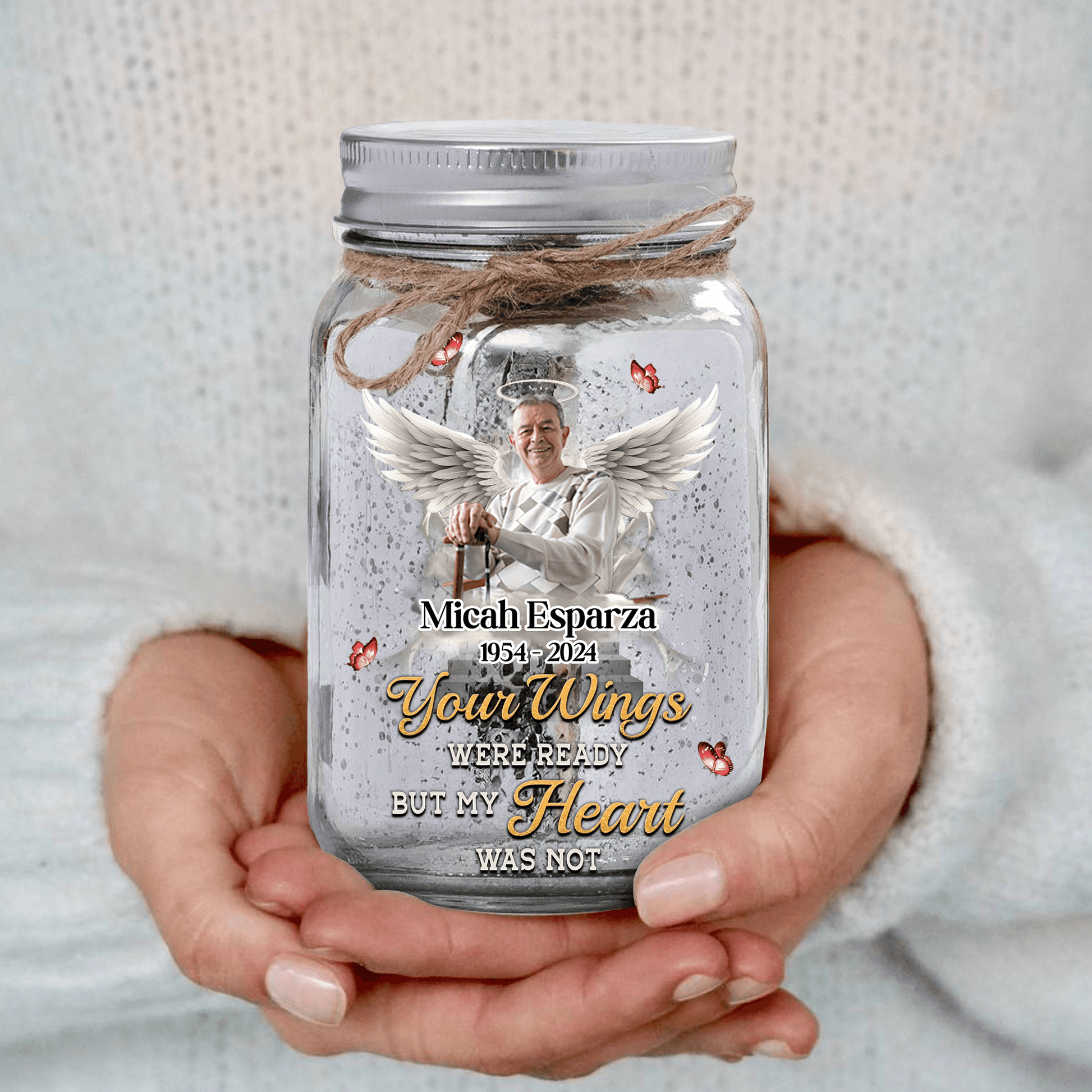 Personalized Memorial Jar Light - Your Wings Were Ready But Not
