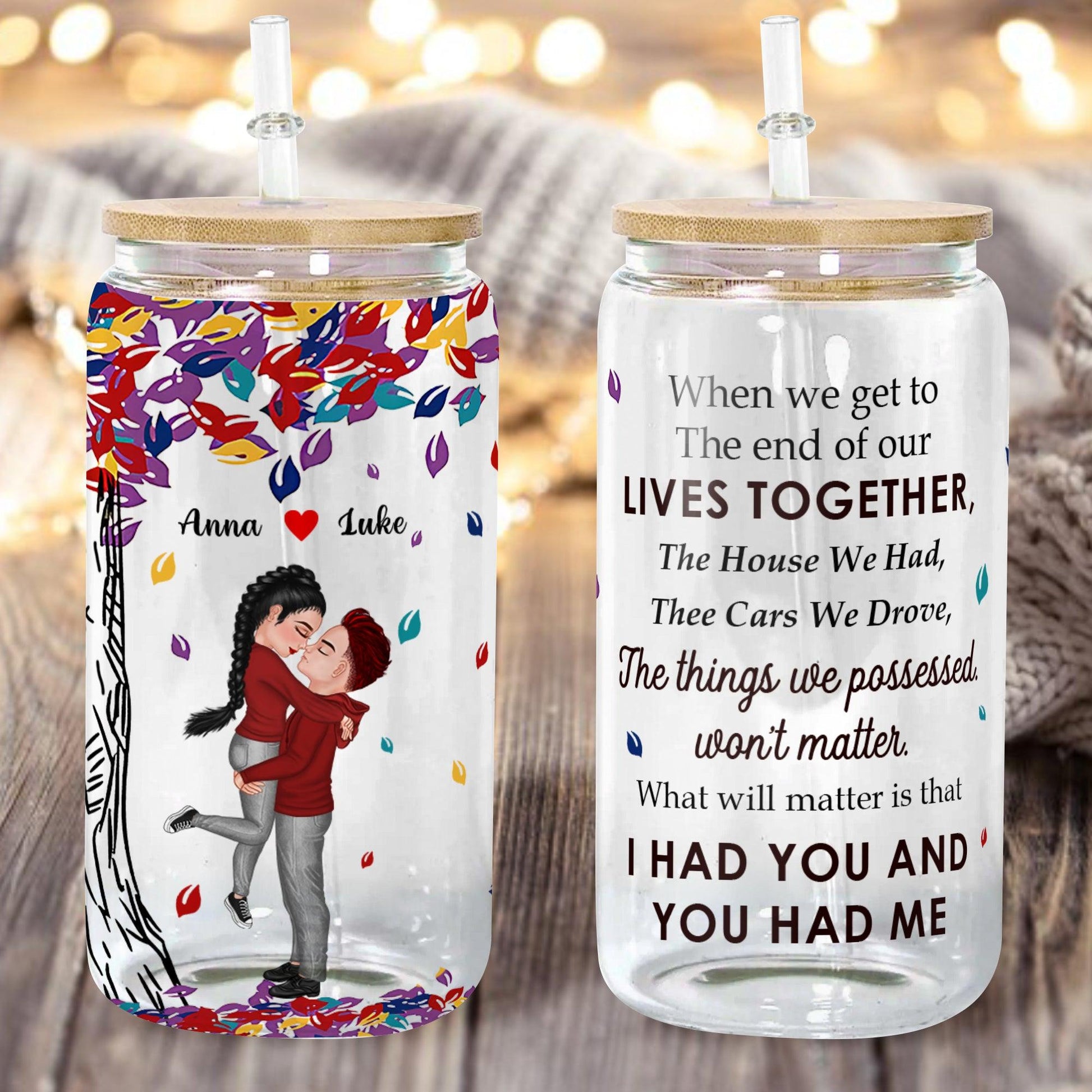 Personalized Glass Bottle with Lid & Straw - Couple Gift
