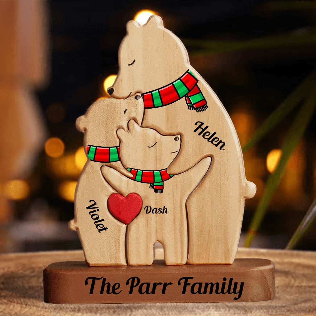 Personalized Single Parent Family Stand - Wooden Bear Carving