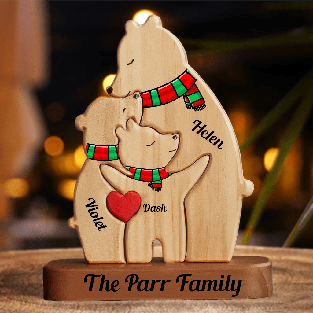 Personalized Single Parent Family Stand - Wooden Bear Carving