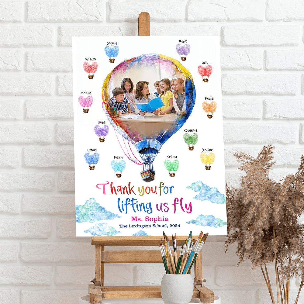 Personalized Fingerprint Art Hot Air Balloon Teacher Appreciation Welcome Sign - Custom Teacher and Up to 25 Kids Names - Balloon Teacher Canvas