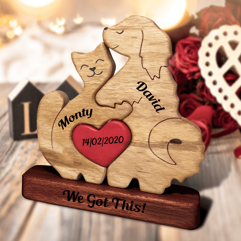 Couple Dog and Cat Wooden Couple - Wooden Pet Carvings