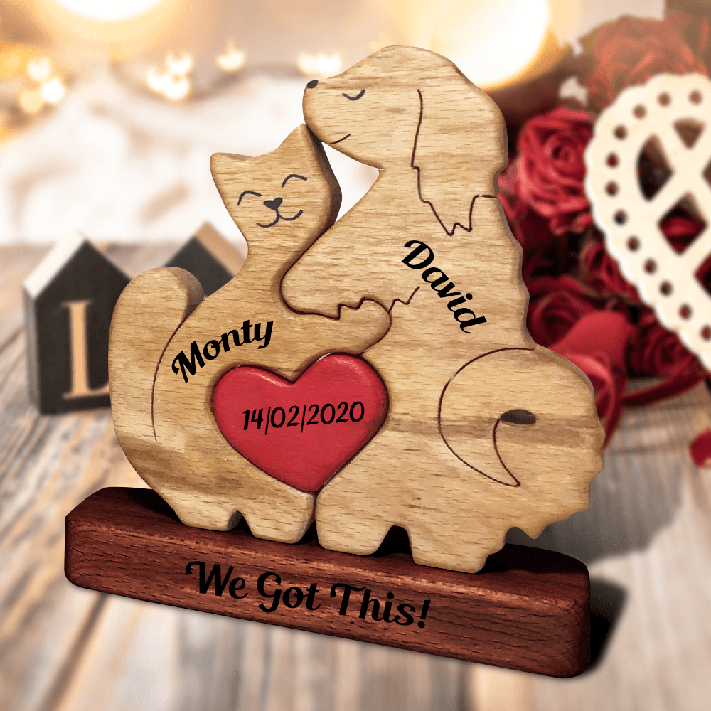 Couple Dog and Cat Wooden Couple - Wooden Pet Carvings